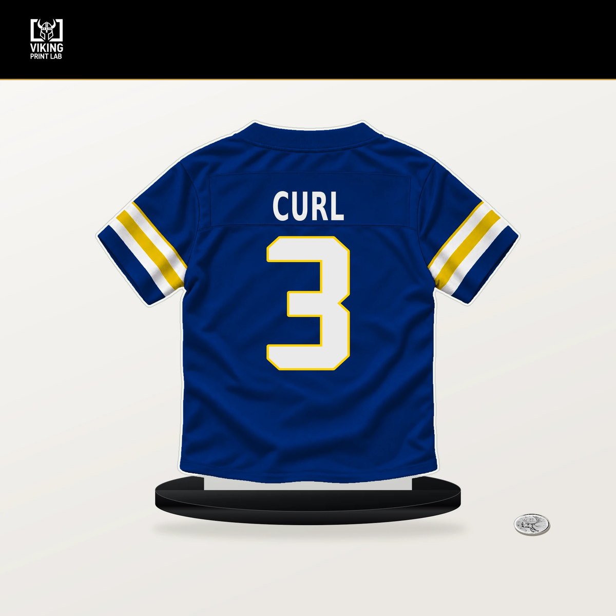 Kam Curl number 3 Los Angeles Rams jersey stand with included black base.