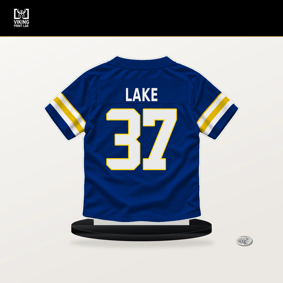 Quentin Lake number 37 Los Angeles Rams jersey stand with included black base.