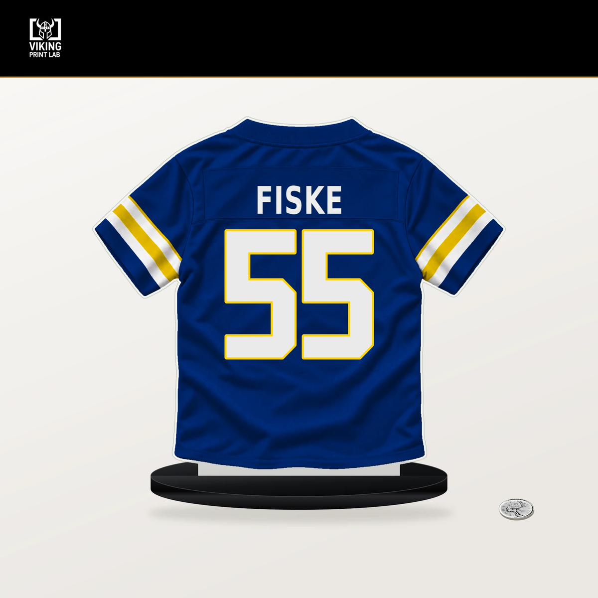 Braden Fiske number 55 Los Angeles Rams jersey stand with included black base.