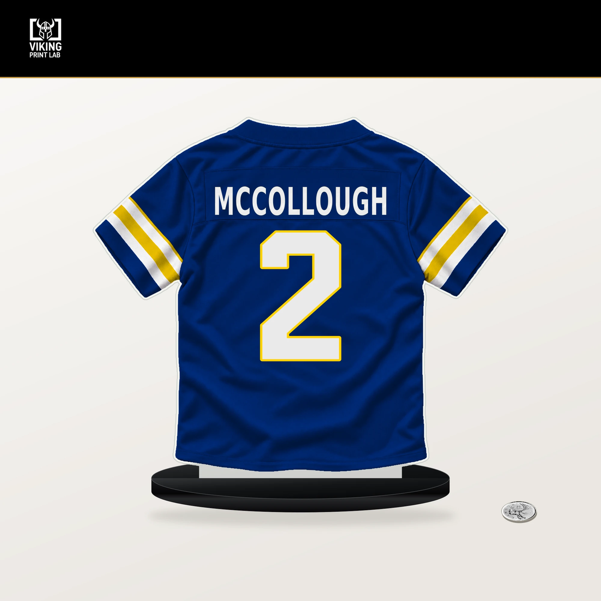Jaylen McCollough number 2 Los Angeles Rams jersey stand with included black base.