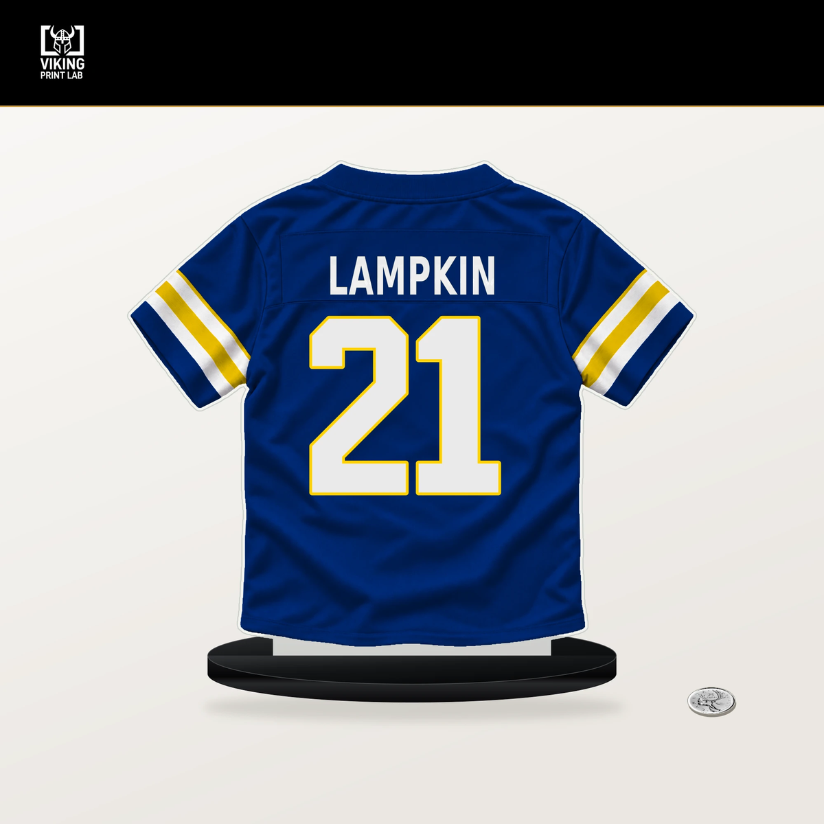 Cam Lampkin number 21 Los Angeles Rams jersey stand with included black base.