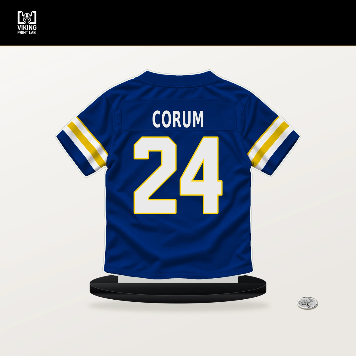 Blake Corum number 24 Los Angeles Rams jersey stand with included black base.