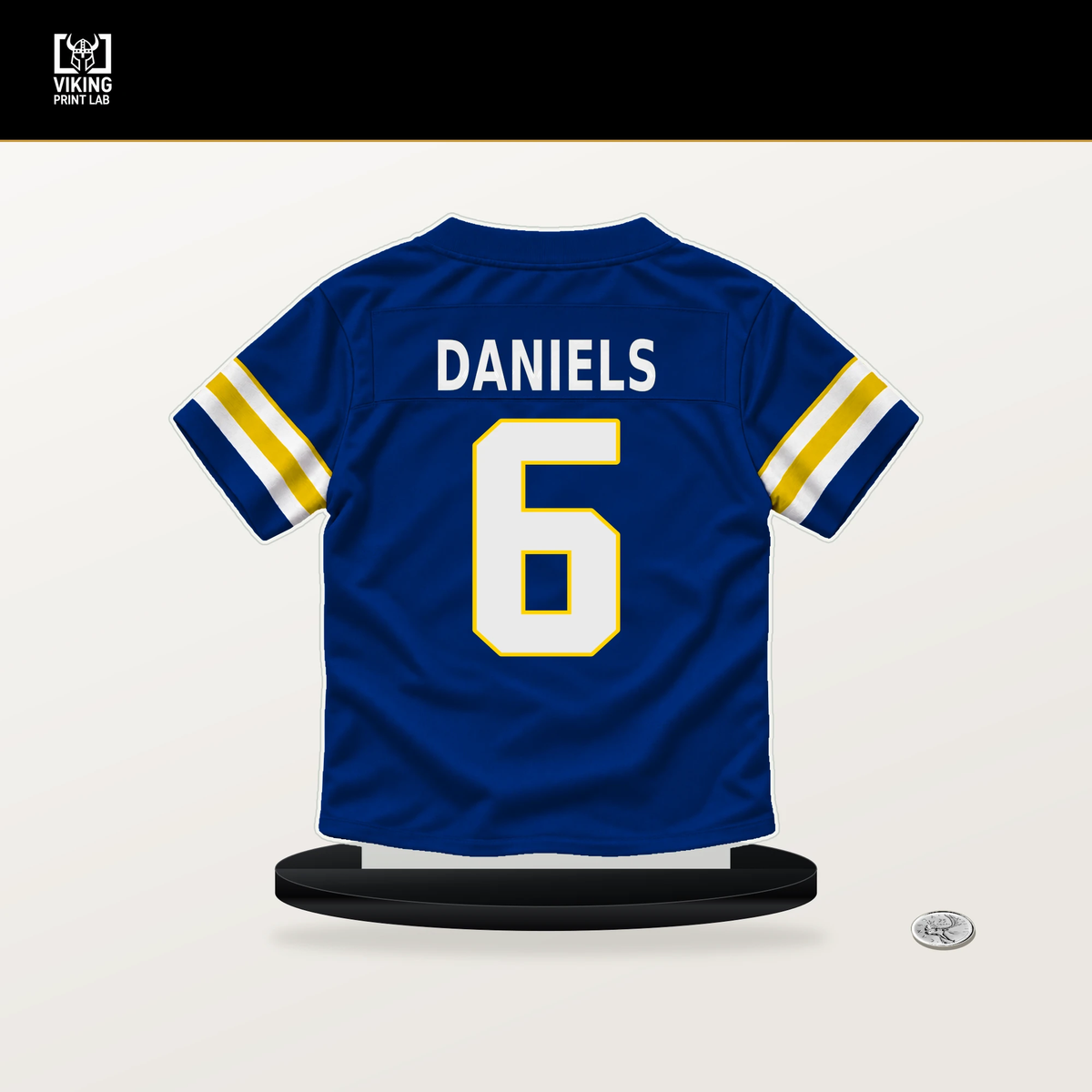 CJ Daniels number 6 Los Angeles Rams jersey stand with included black base.