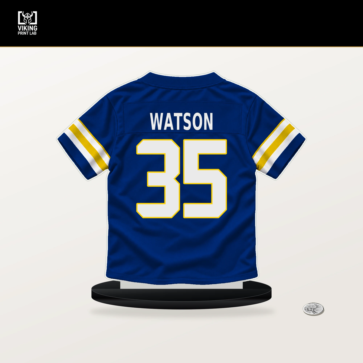 Jaylen Watson number 35 Los Angeles Rams jersey stand with included black base.