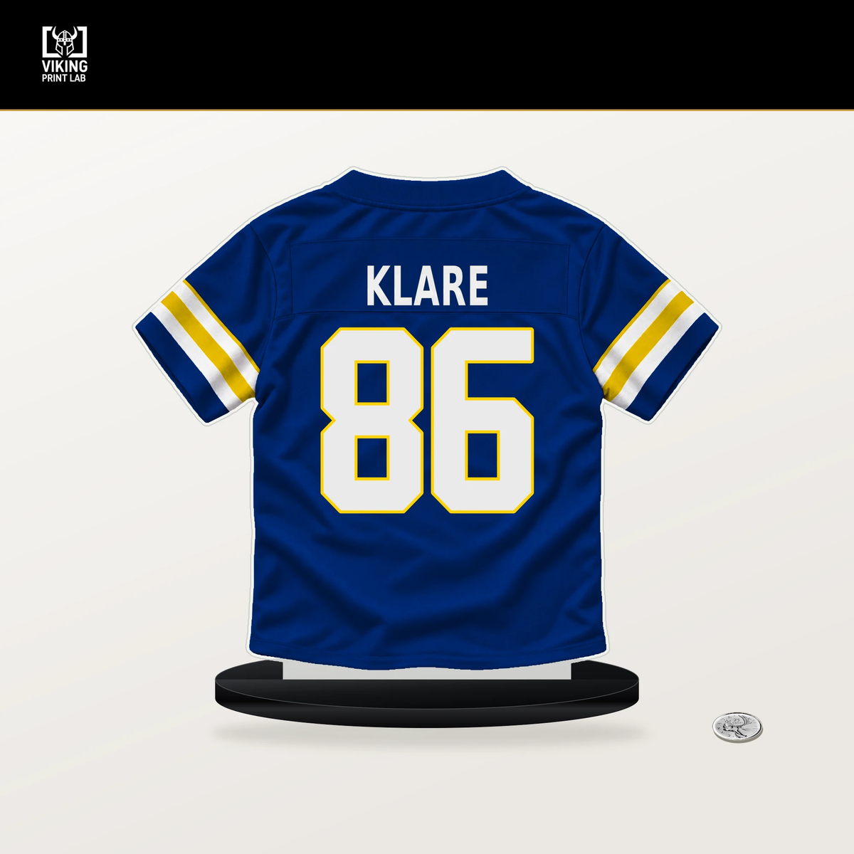 Max Klare number 86 Los Angeles Rams jersey stand with included black base.