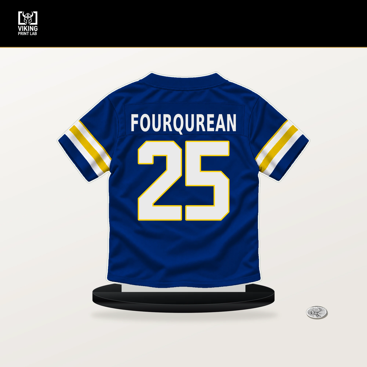 Nyzier Fourqurean number 25 Los Angeles Rams jersey stand with included black base.