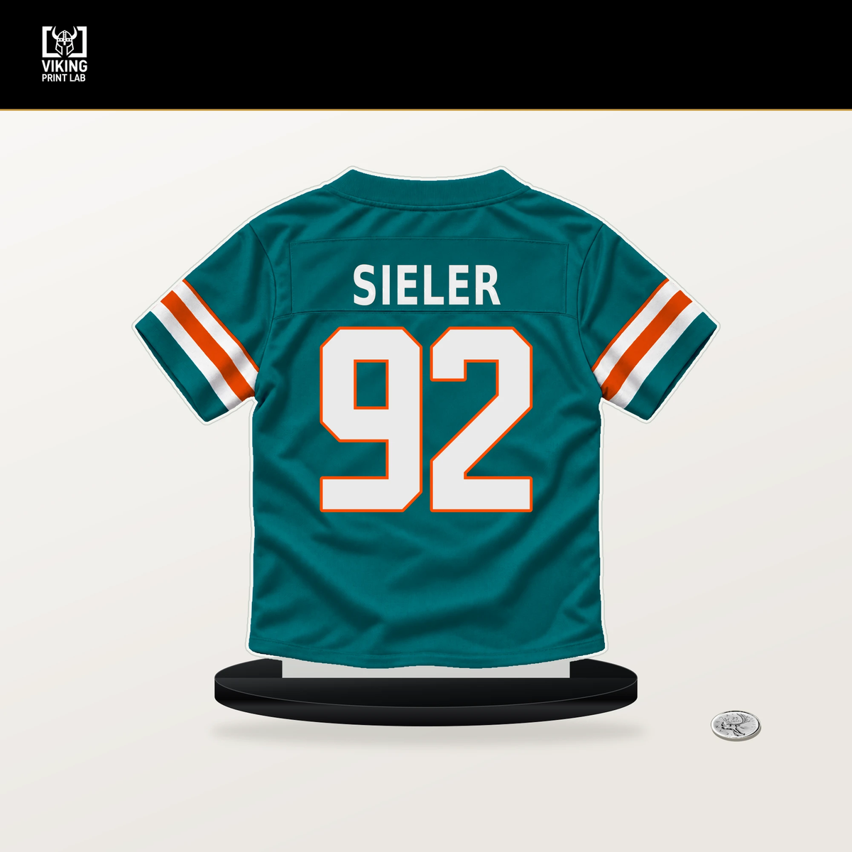 Zach Sieler number 92 Miami Dolphins jersey stand with included black base.