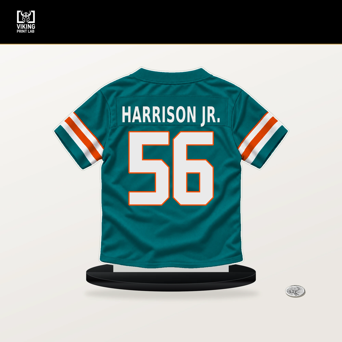 Ronnie Harrison Jr. number 56 Miami Dolphins jersey stand with included black base.