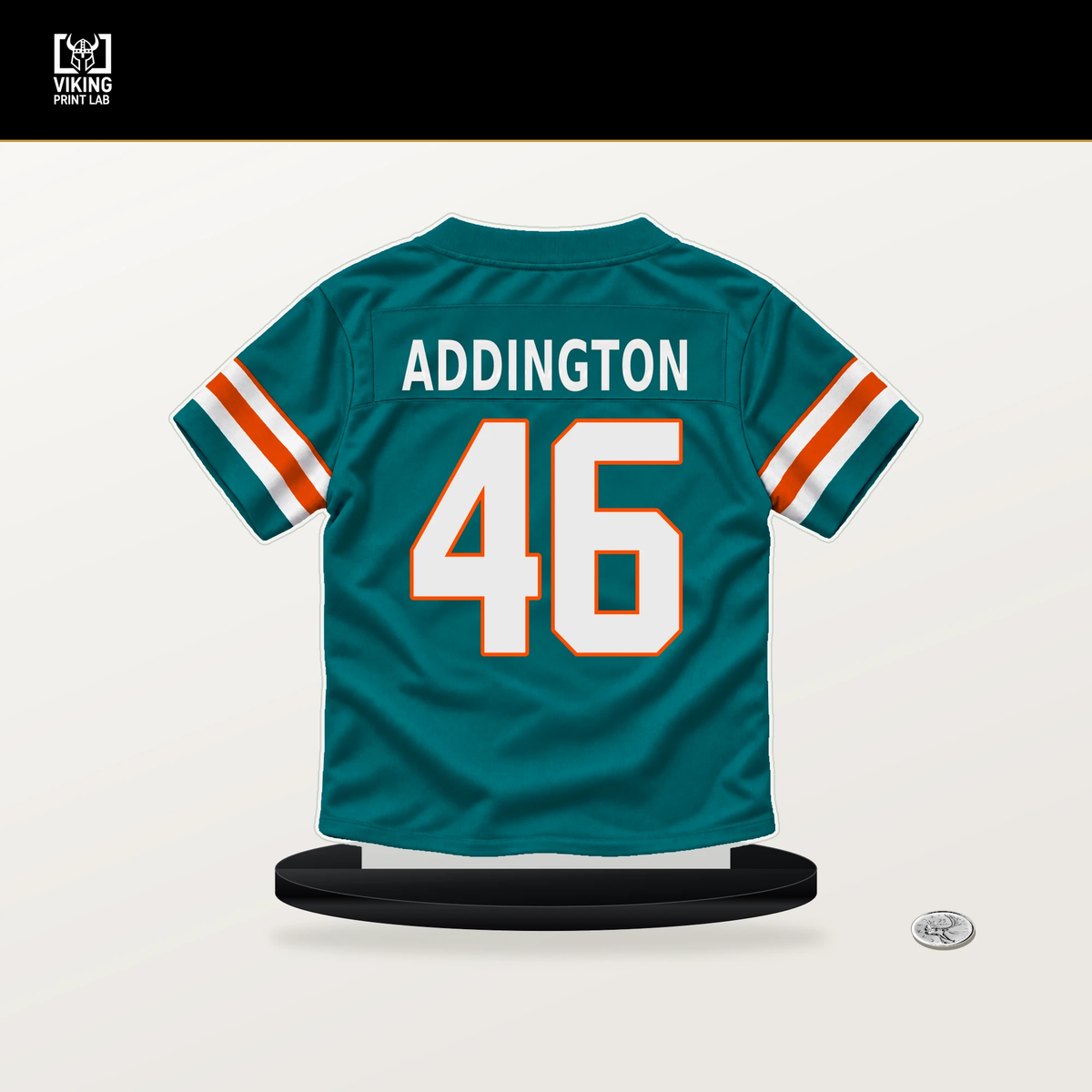 Tucker Addington number 46 Miami Dolphins jersey stand with included black base.