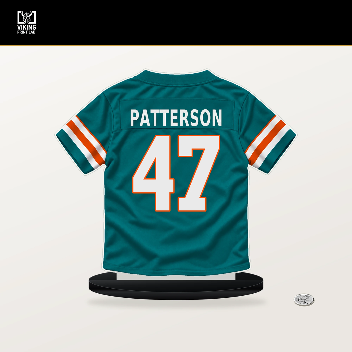 Riley Patterson number 47 Miami Dolphins jersey stand with included black base.