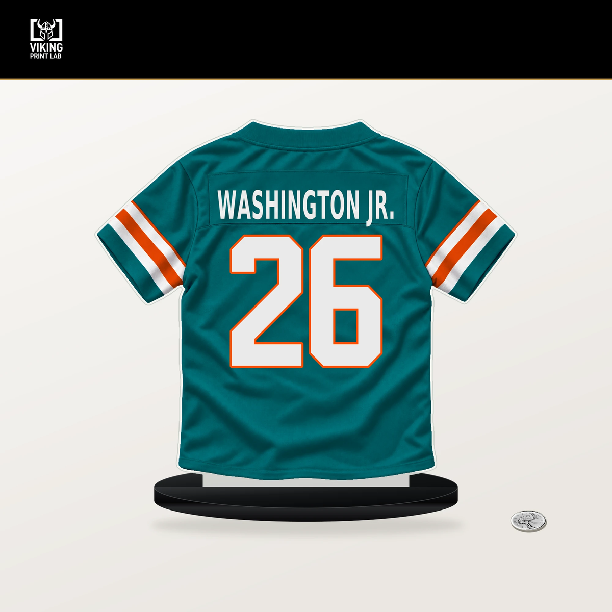 Carlos Washington Jr. number 26 Miami Dolphins jersey stand with included black base.