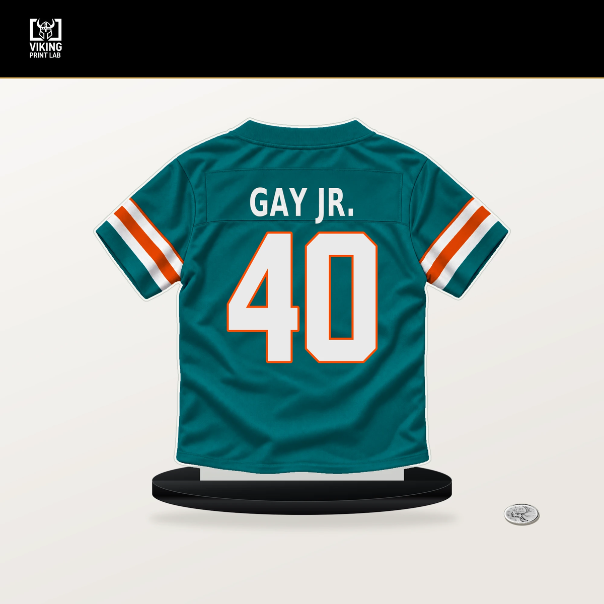 Willie Gay Jr. number 40 Miami Dolphins jersey stand with included black base.