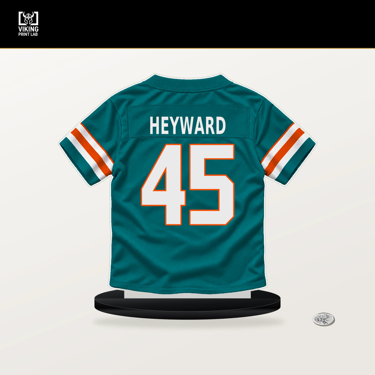 Shaka Heyward number 45 Miami Dolphins jersey stand with included black base.