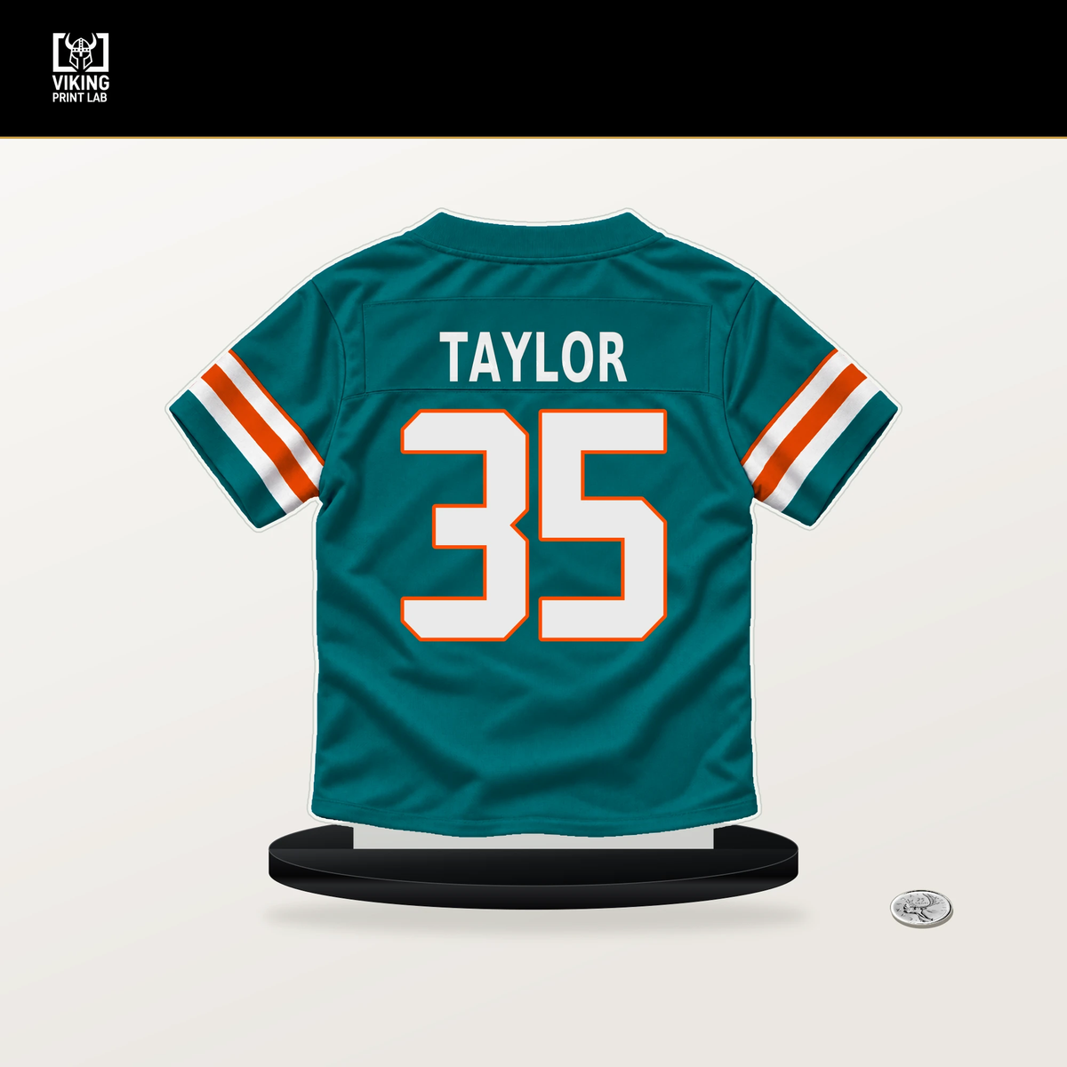 Reese Taylor number 35 Miami Dolphins jersey stand with included black base.