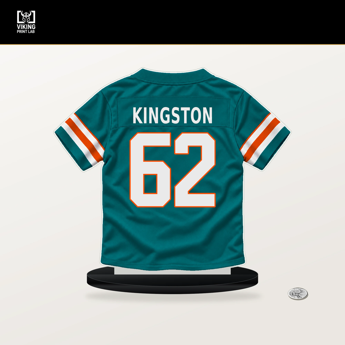 Jarrett Kingston number 62 Miami Dolphins jersey stand with included black base.