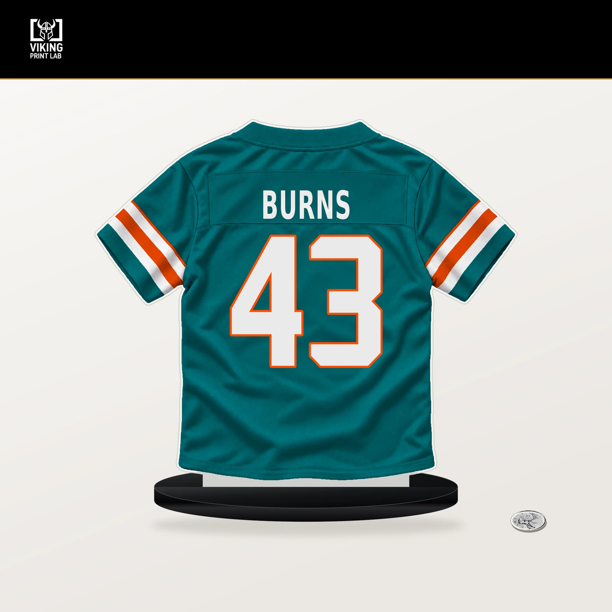 Major Burns number 43 Miami Dolphins jersey stand with included black base.