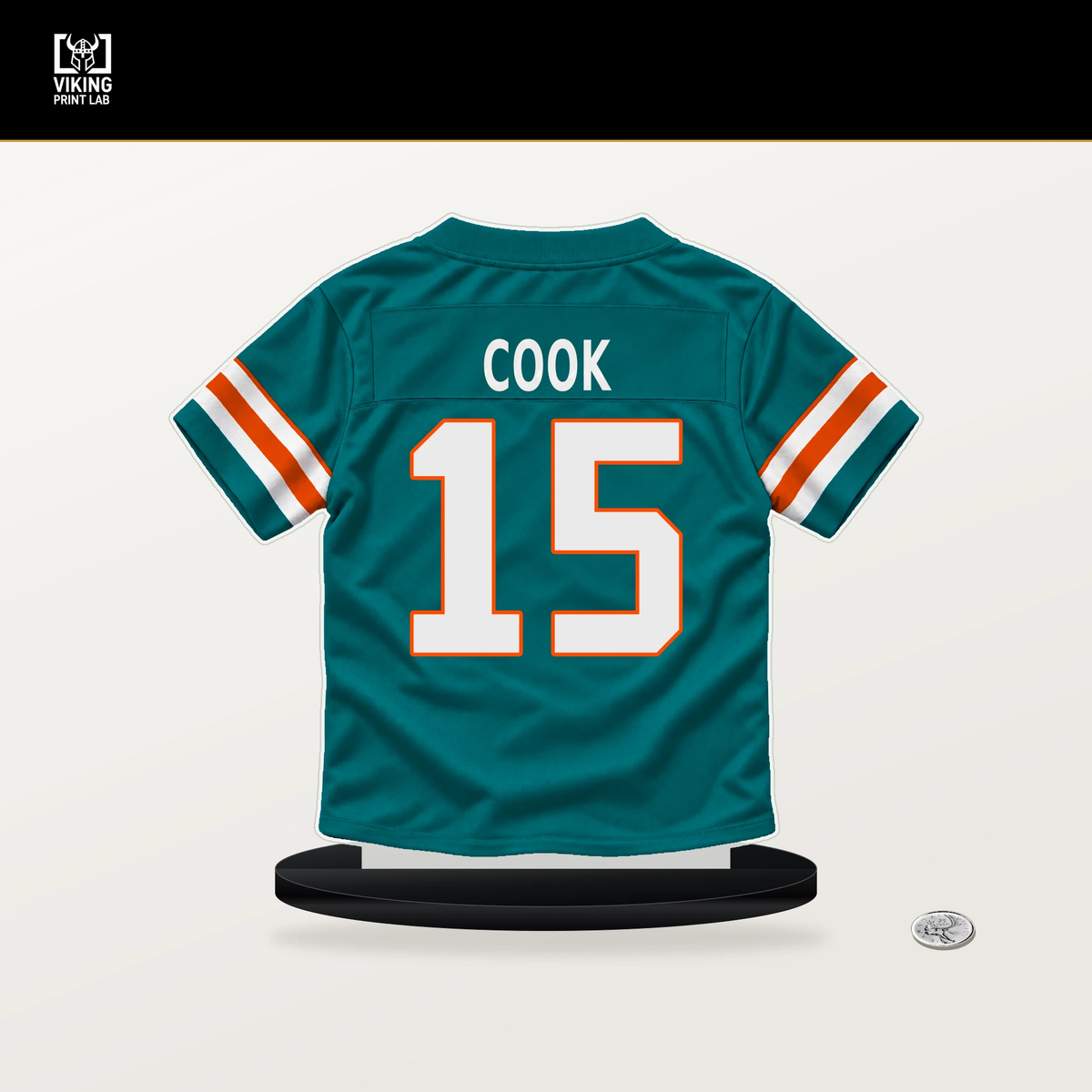 Brady Cook number 15 Miami Dolphins jersey stand with included black base.