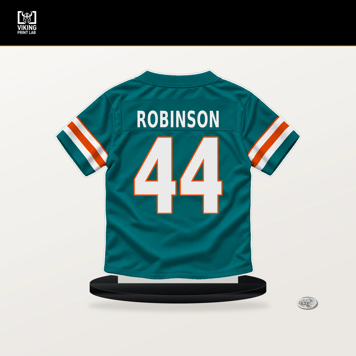 Chop Robinson number 44 Miami Dolphins jersey stand with included black base.