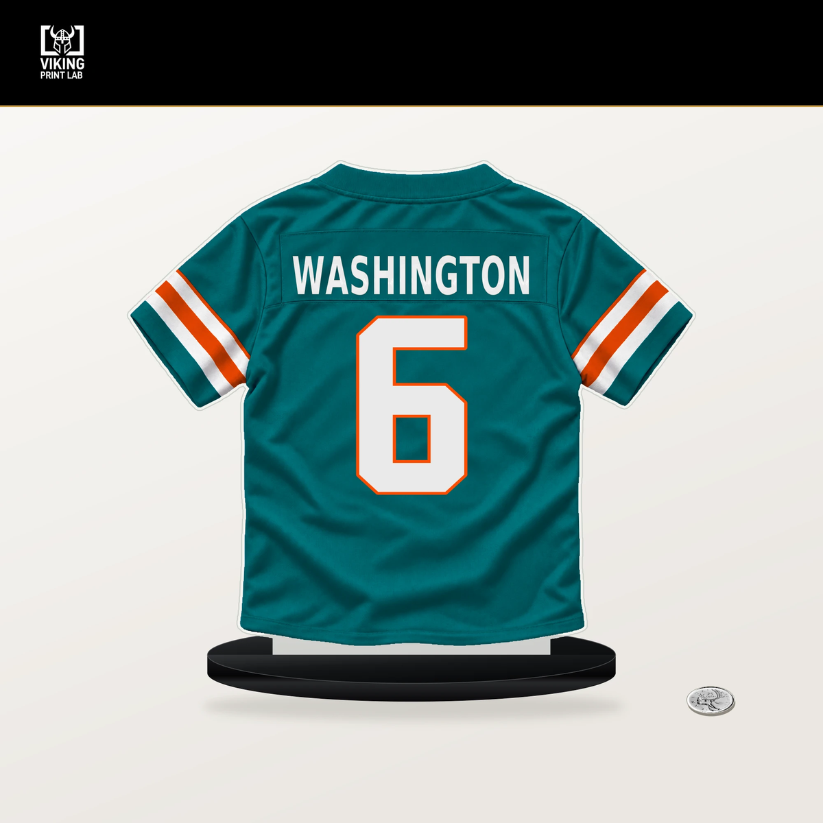 Malik Washington number 6 Miami Dolphins jersey stand with included black base.