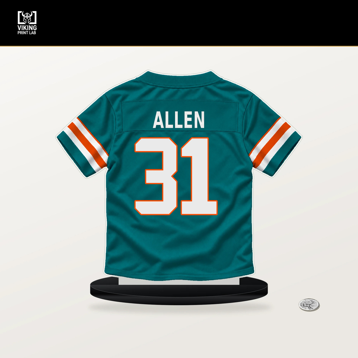 Kaytron Allen number 31 Miami Dolphins jersey stand with included black base.