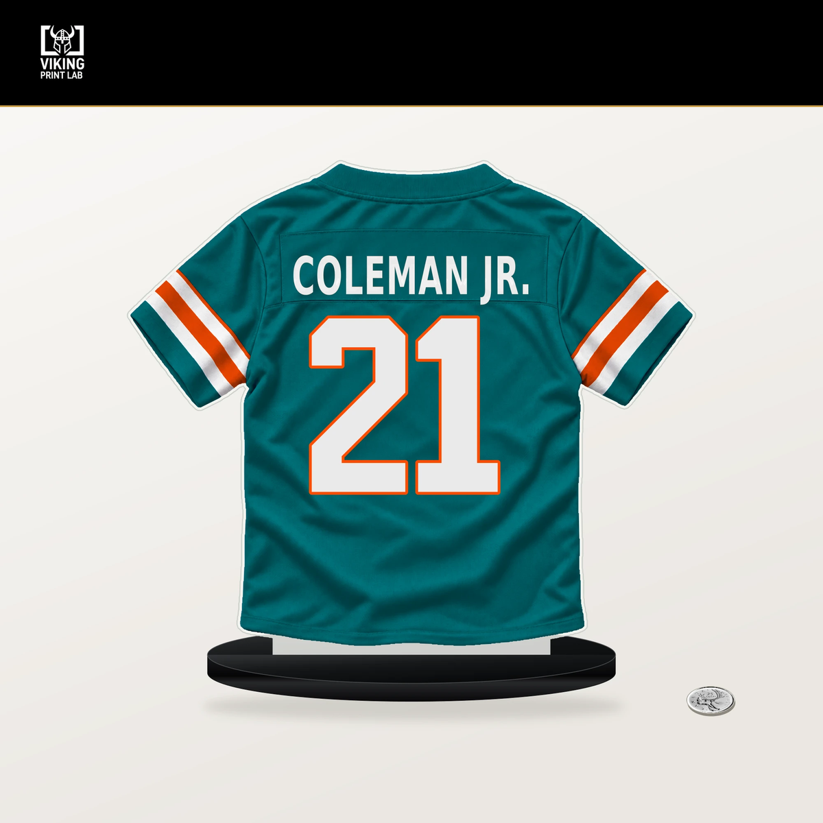 Kevin Coleman Jr. number 21 Miami Dolphins jersey stand with included black base.