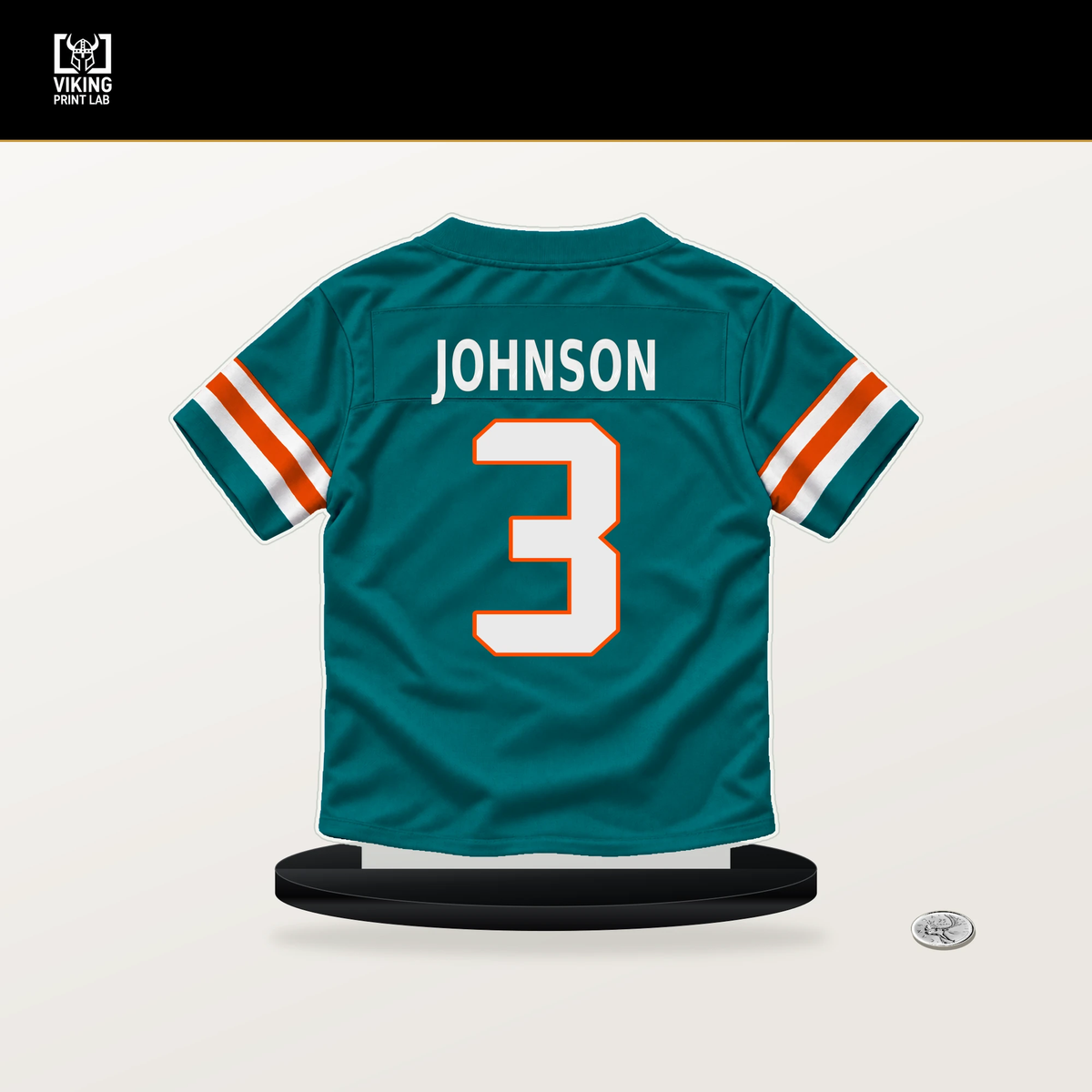 Chris Johnson number 3 Miami Dolphins jersey stand with included black base.