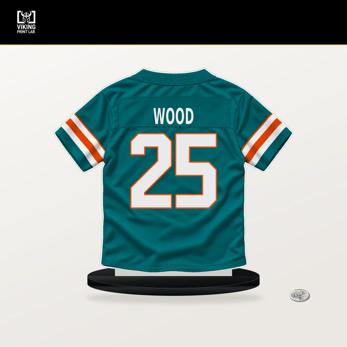 Julius Wood number 25 Miami Dolphins jersey stand with included black base.