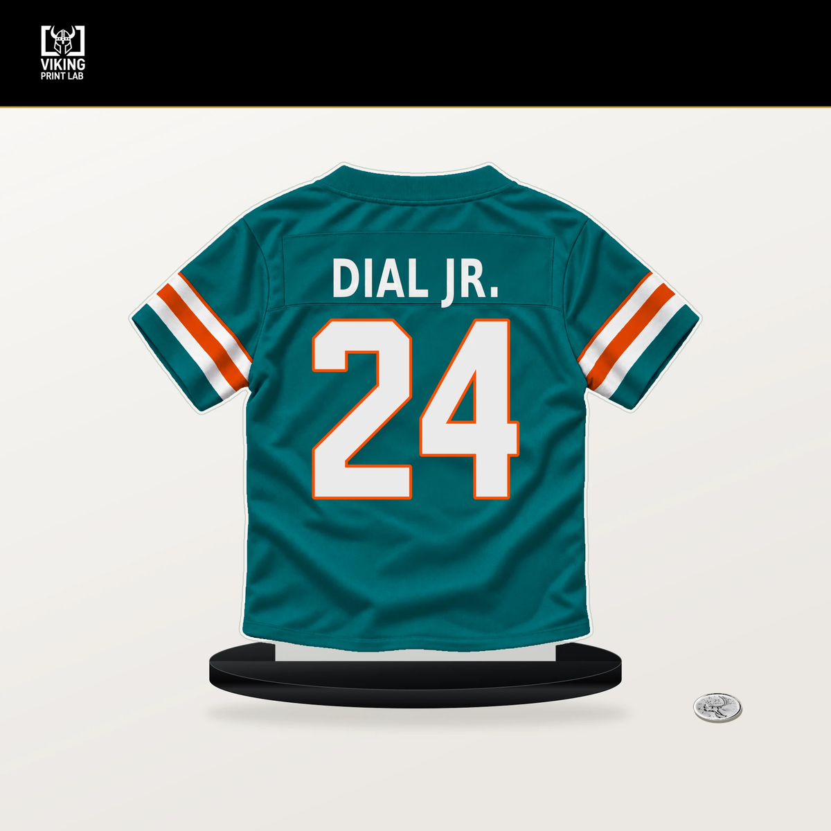 Marcellas Dial Jr. number 24 Miami Dolphins jersey stand with included black base.