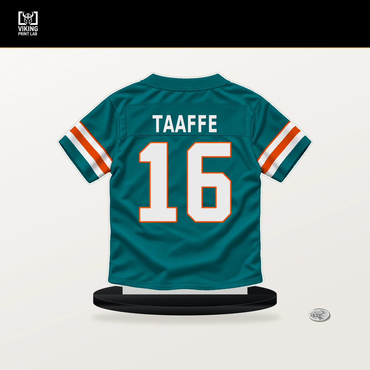 Michael Taaffe number 16 Miami Dolphins jersey stand with included black base.