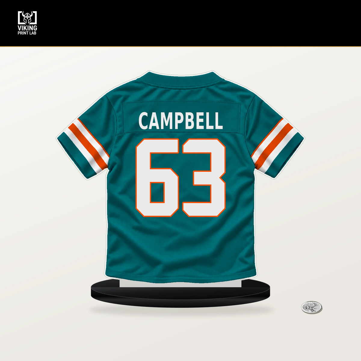 DJ Campbell number 63 Miami Dolphins jersey stand with included black base.