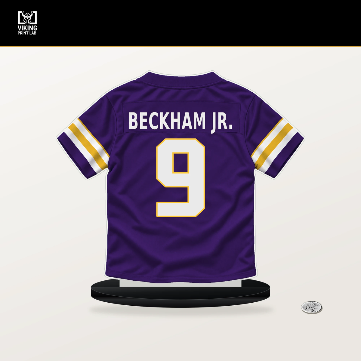 Odell Beckham Jr. number 9 Minnesota Vikings jersey stand with included black base.