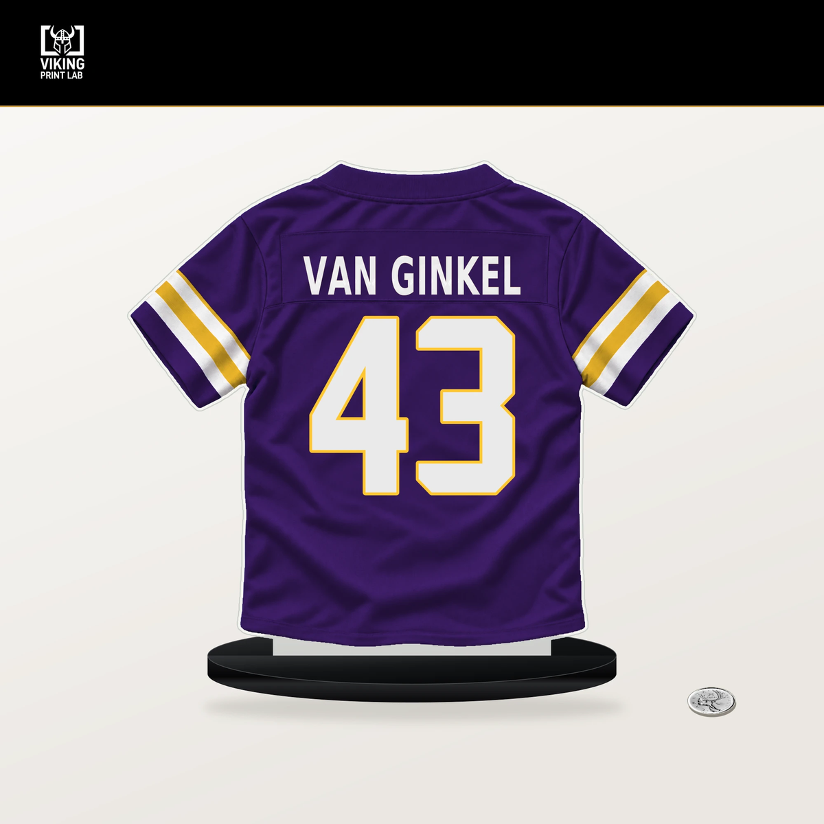 Andrew Van Ginkel number 43 Minnesota Vikings jersey stand with included black base.