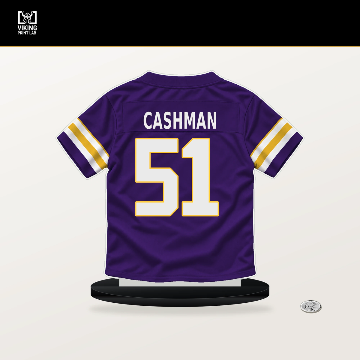 Blake Cashman number 51 Minnesota Vikings jersey stand with included black base.