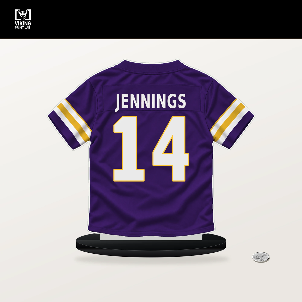 Jauan Jennings number 14 Minnesota Vikings jersey stand with included black base.