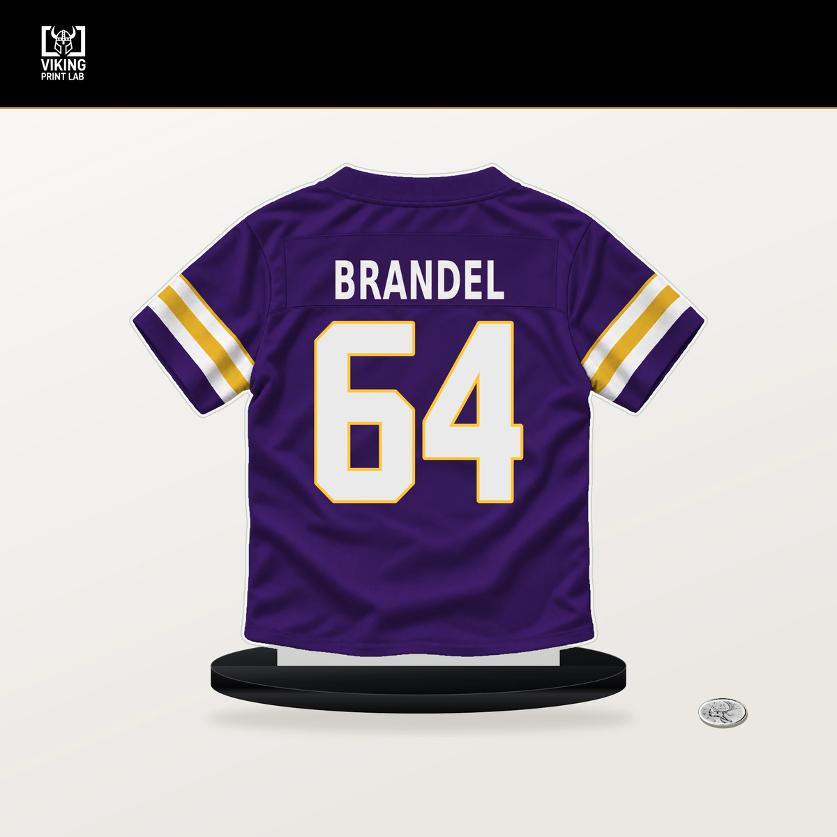 Blake Brandel number 64 Minnesota Vikings jersey stand with included black base.