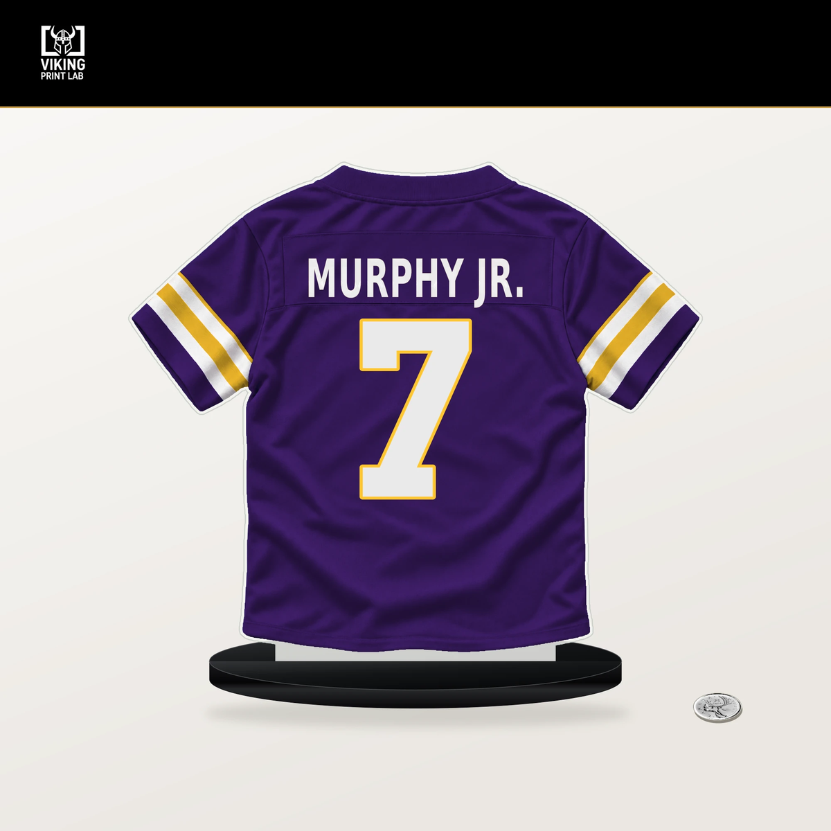 Byron Murphy Jr. number 7 Minnesota Vikings jersey stand with included black base.
