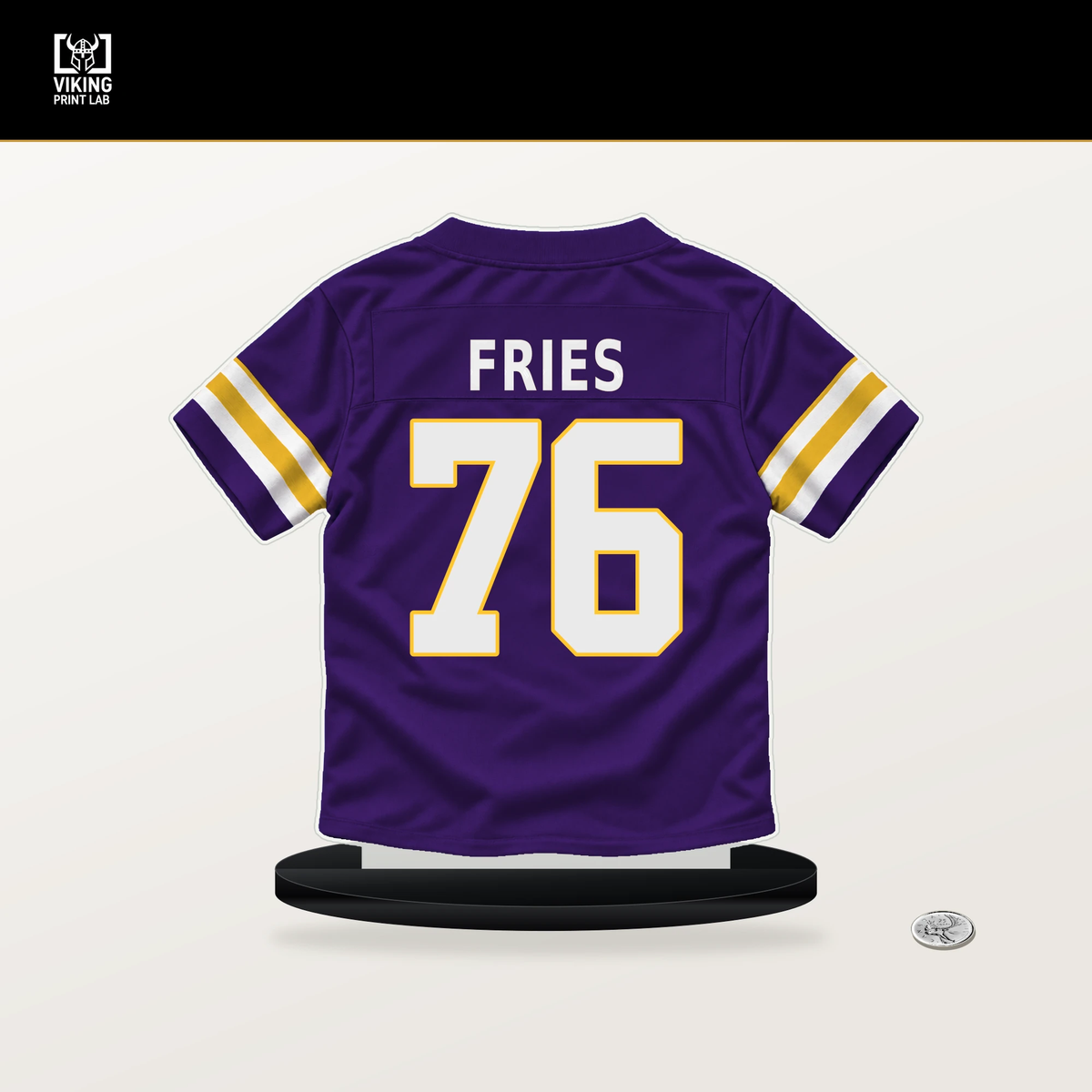 Will Fries number 76 Minnesota Vikings jersey stand with included black base.