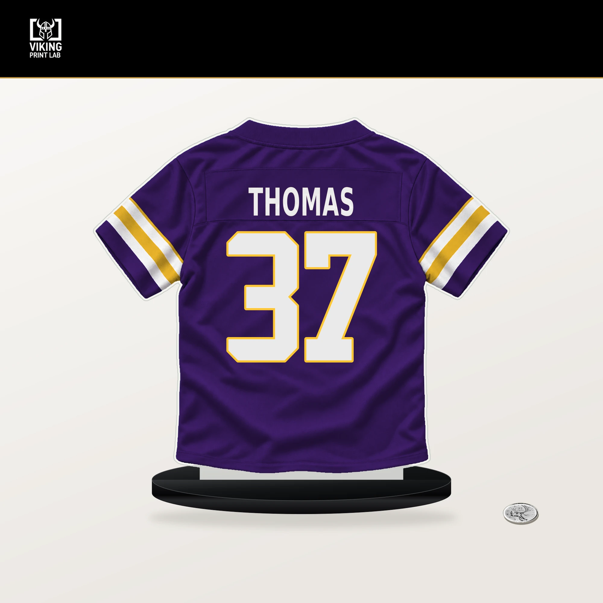 Tavierre Thomas number 37 Minnesota Vikings jersey stand with included black base.