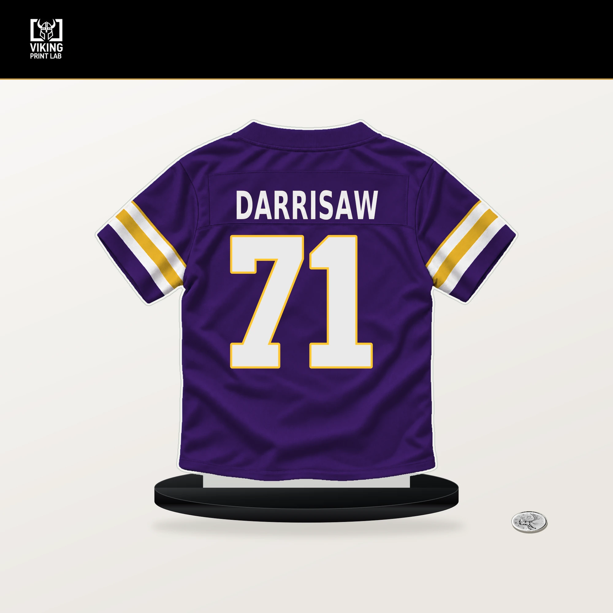 Christian Darrisaw number 71 Minnesota Vikings jersey stand with included black base.