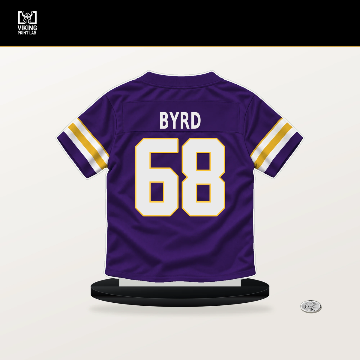 Henry Byrd number 68 Minnesota Vikings jersey stand with included black base.