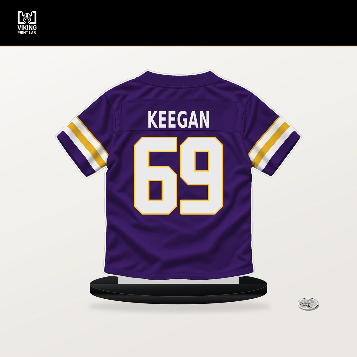 Trevor Keegan number 69 Minnesota Vikings jersey stand with included black base.