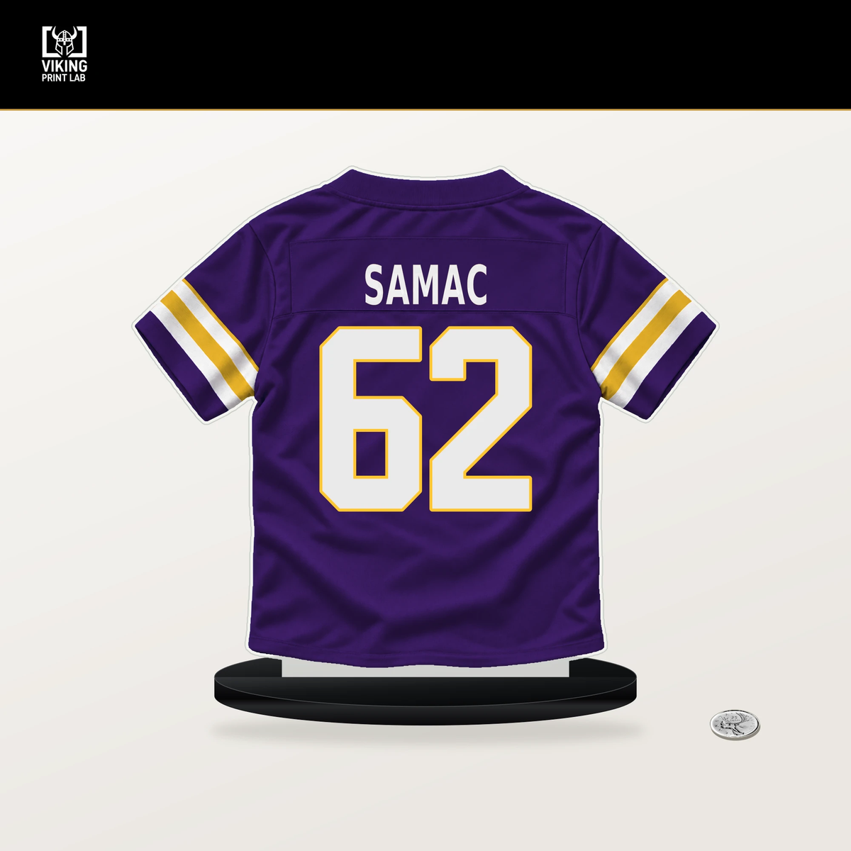 Nick Samac number 62 Minnesota Vikings jersey stand with included black base.