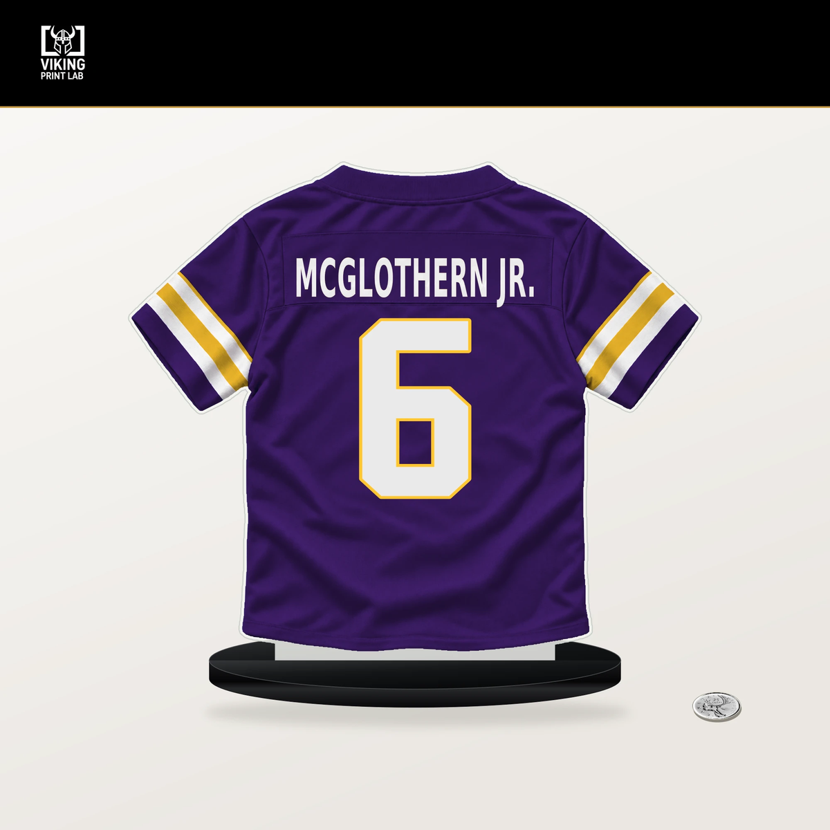Dwight McGlothern Jr. number 6 Minnesota Vikings jersey stand with included black base.