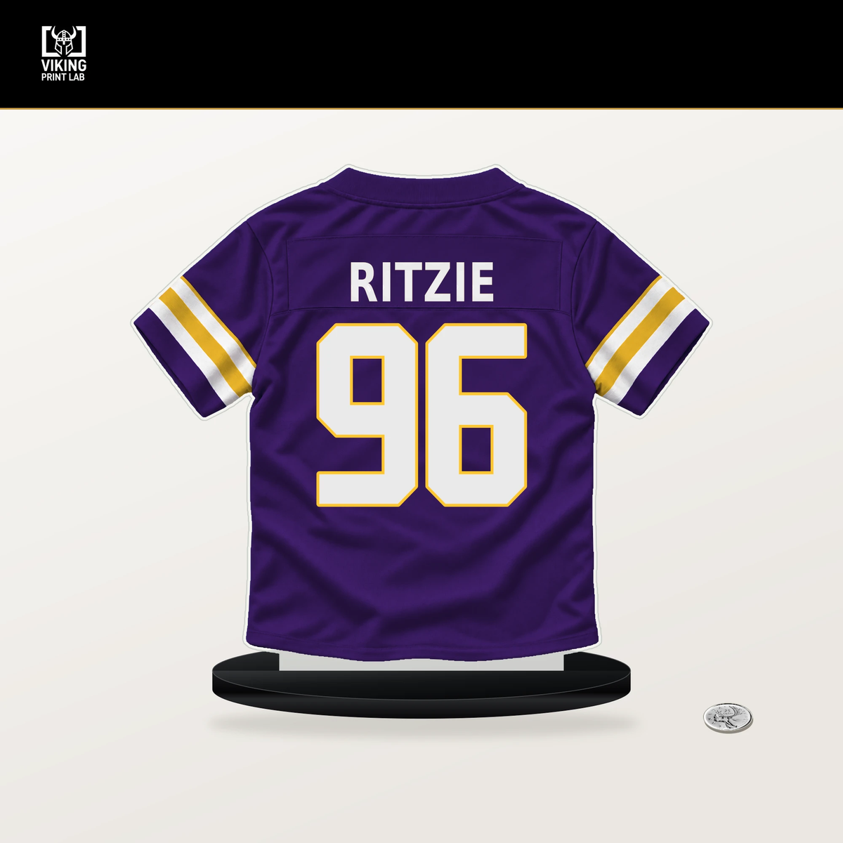 Jahvaree Ritzie number 96 Minnesota Vikings jersey stand with included black base.