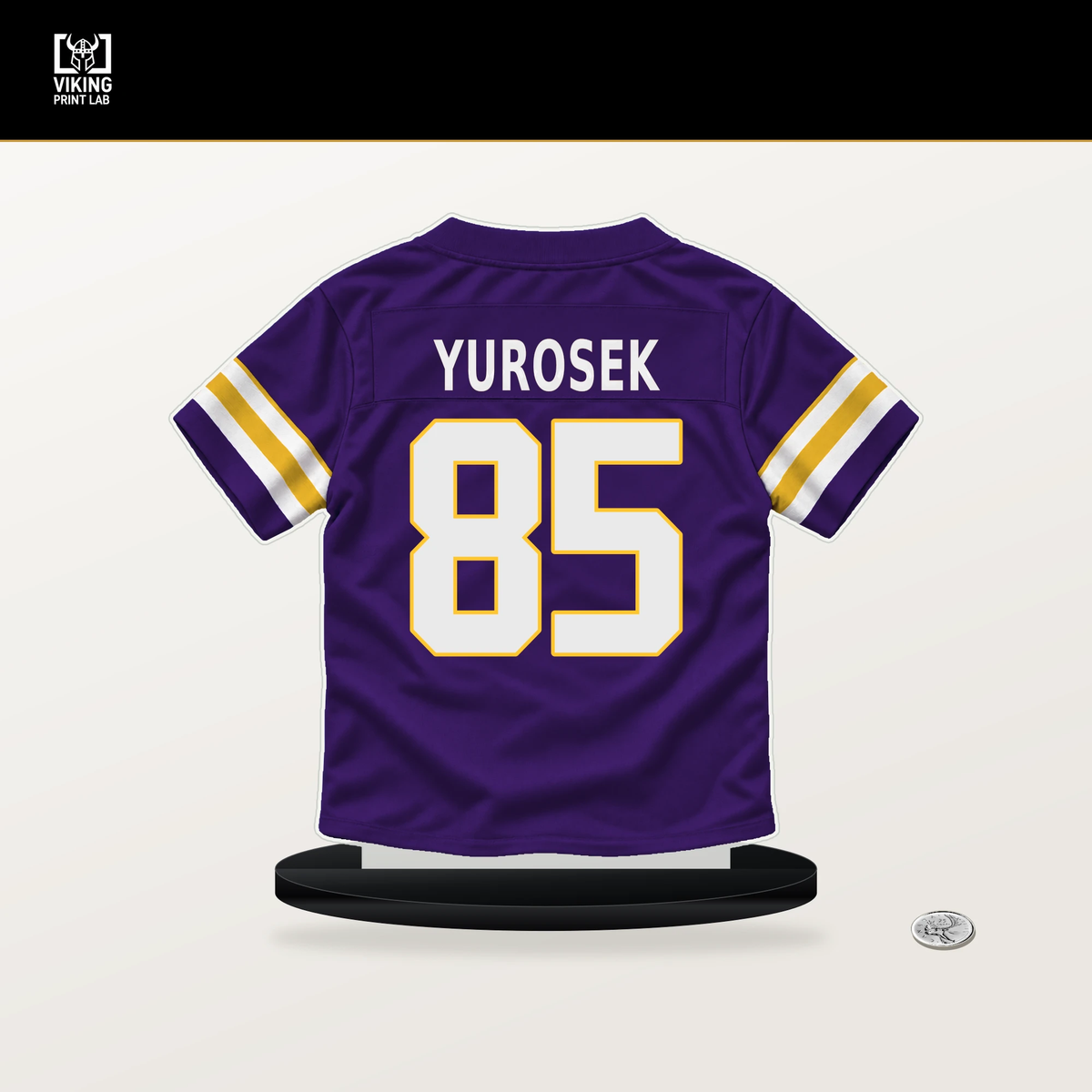 Ben Yurosek number 85 Minnesota Vikings jersey stand with included black base.