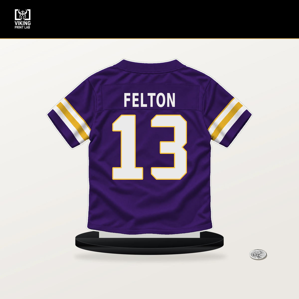 Tai Felton number 13 Minnesota Vikings jersey stand with included black base.