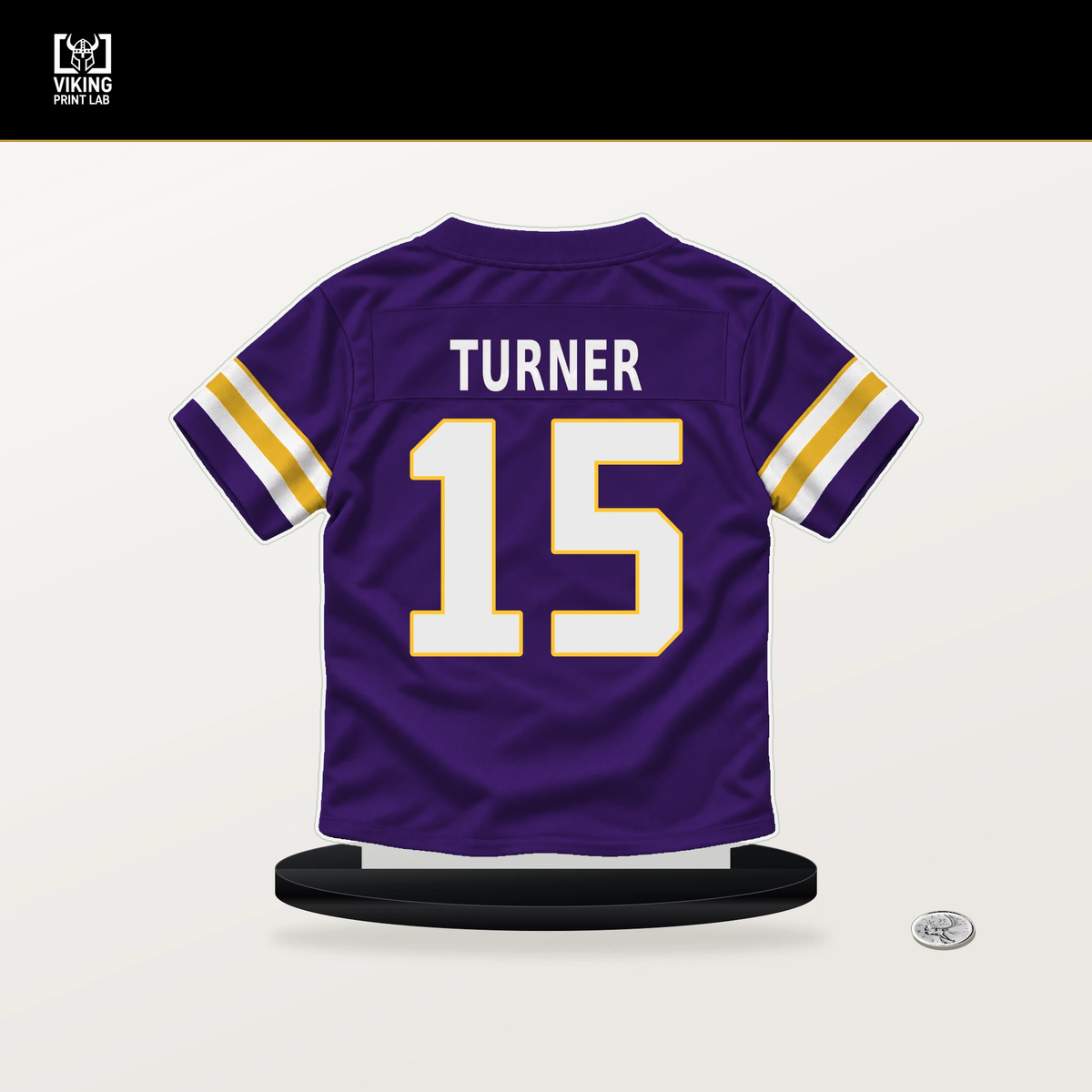 Dallas Turner number 15 Minnesota Vikings jersey stand with included black base.