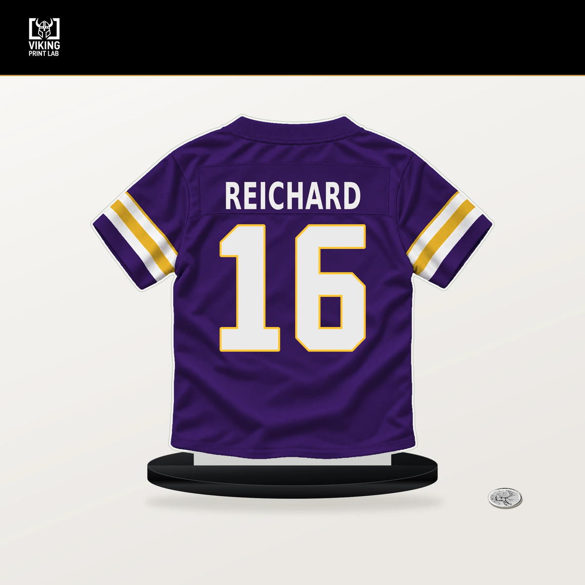 Will Reichard number 16 Minnesota Vikings jersey stand with included black base.
