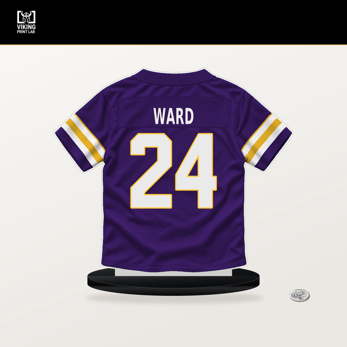 Jay Ward number 24 Minnesota Vikings jersey stand with included black base.