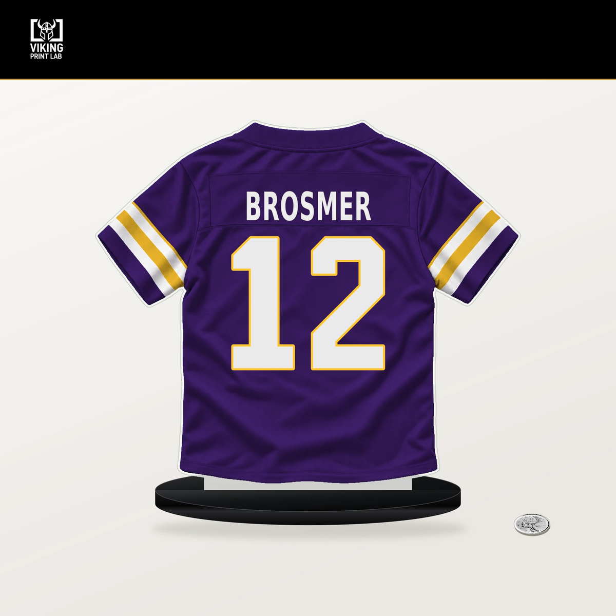 Max Brosmer number 12 Minnesota Vikings jersey stand with included black base.